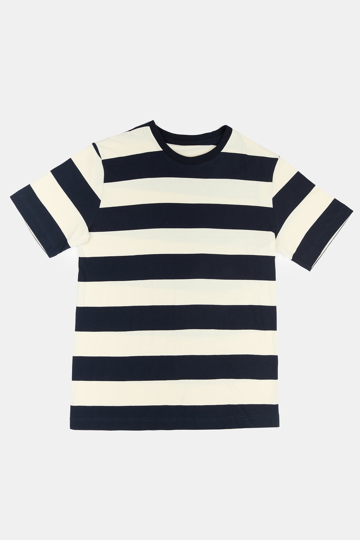 Flatlay product image of men's wide stripe short sleeve t shirt in ecru navy