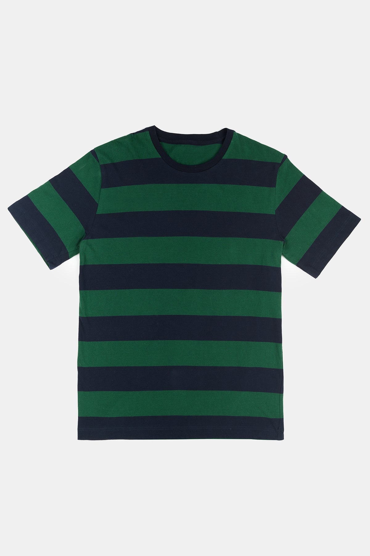 Flatay product shot of men's wide stripe short sleeve t shit in green and navy 