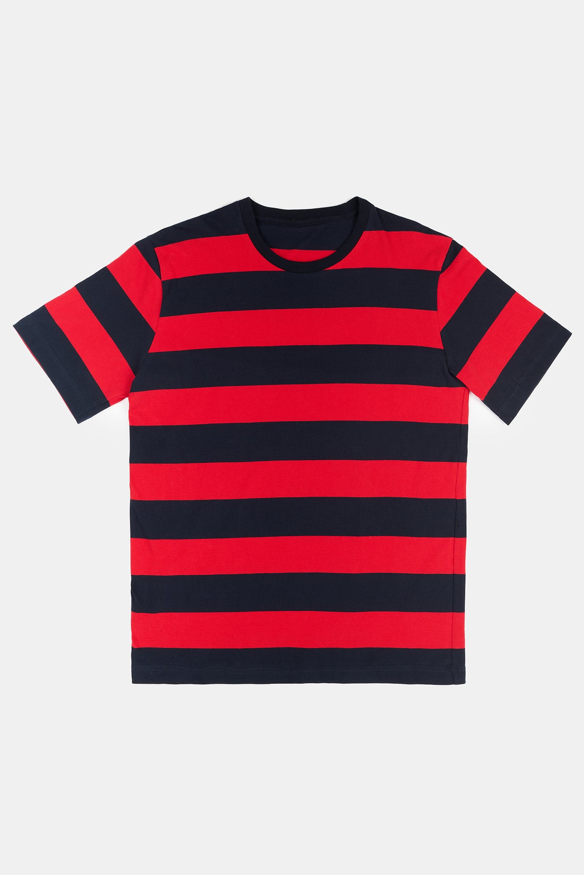 Flatlay product shot of men's wide stripe short sleeve t shirt in red and navy