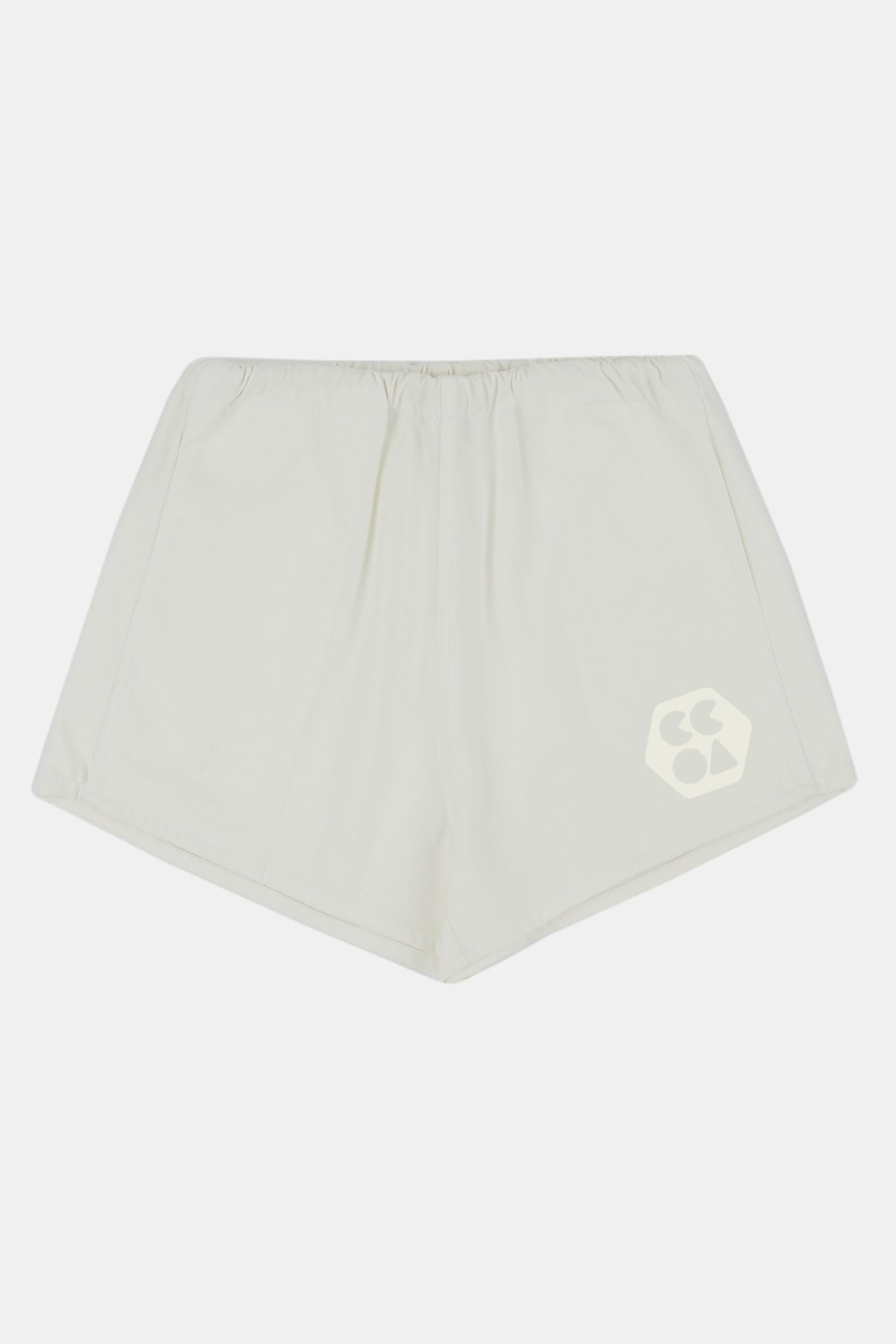 Flatlay product shot of men's heavyweight sports short plastic free in white with white CCOA logo