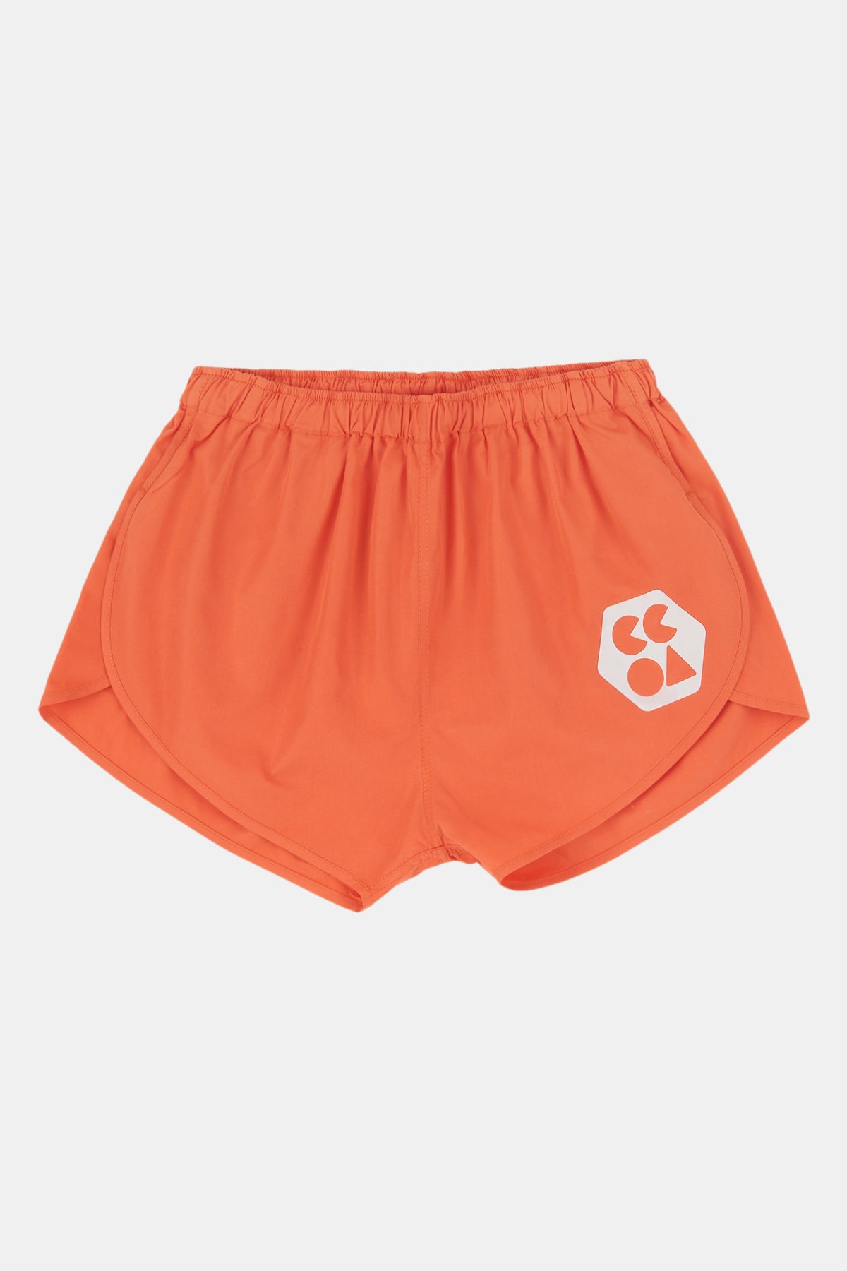 Flatlay Product shot of men's lightweight running short in flame red with white CCOA logo