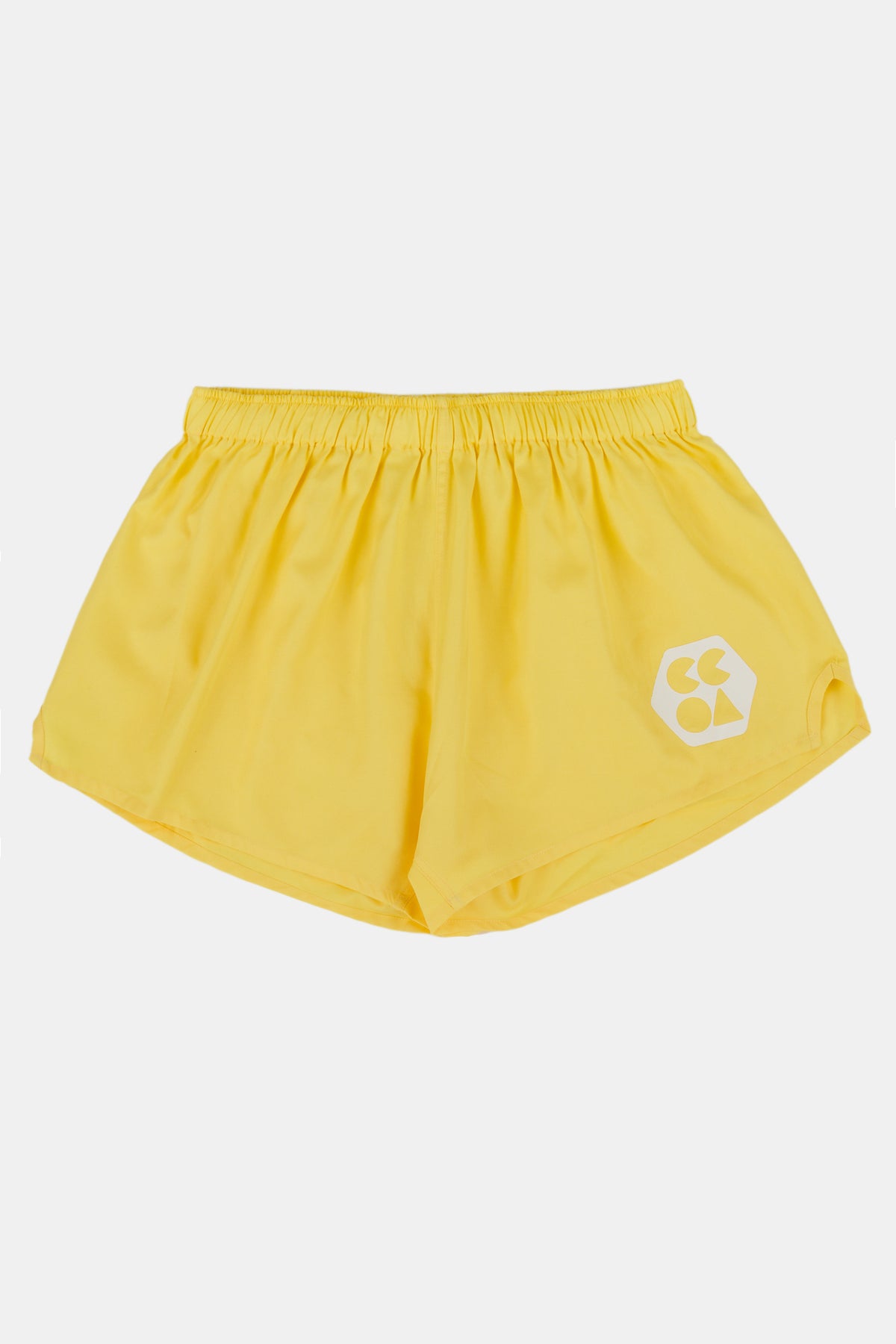 Flatlay Product shot of men's lightweight sports short plastic free in canary yellow