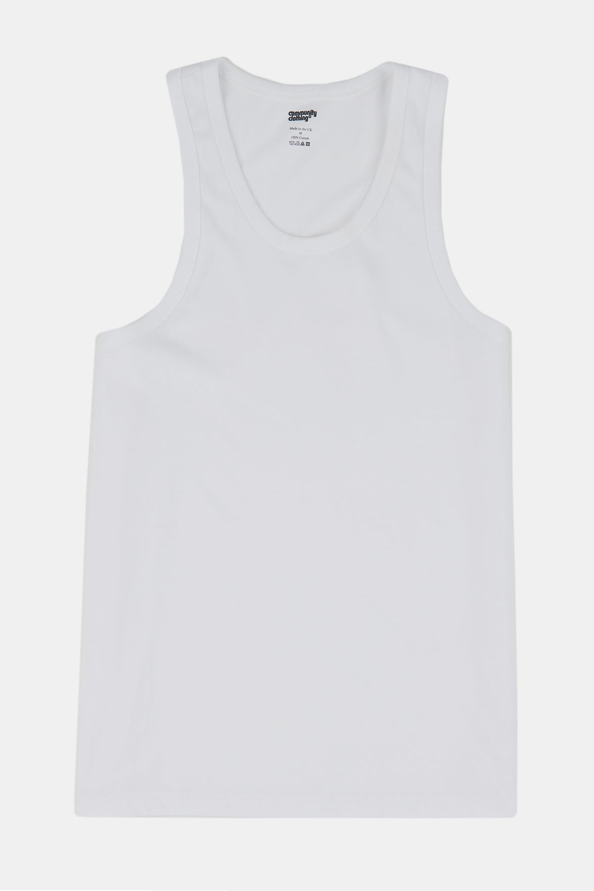 Flatlay product shot of men's racer back vest plastic free in white