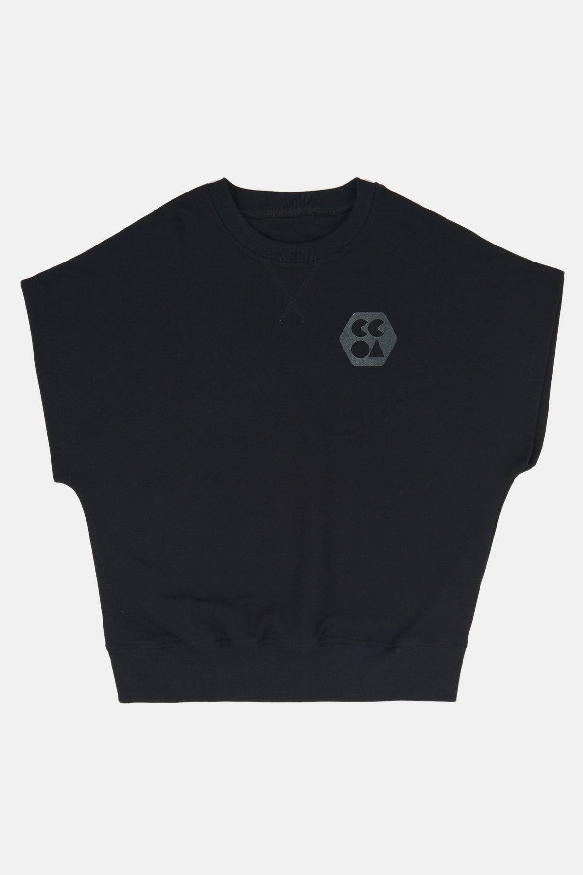 Flatlay product shot of men's sleeveless sweatshirt plastic free in black with charcoal CCOA logo