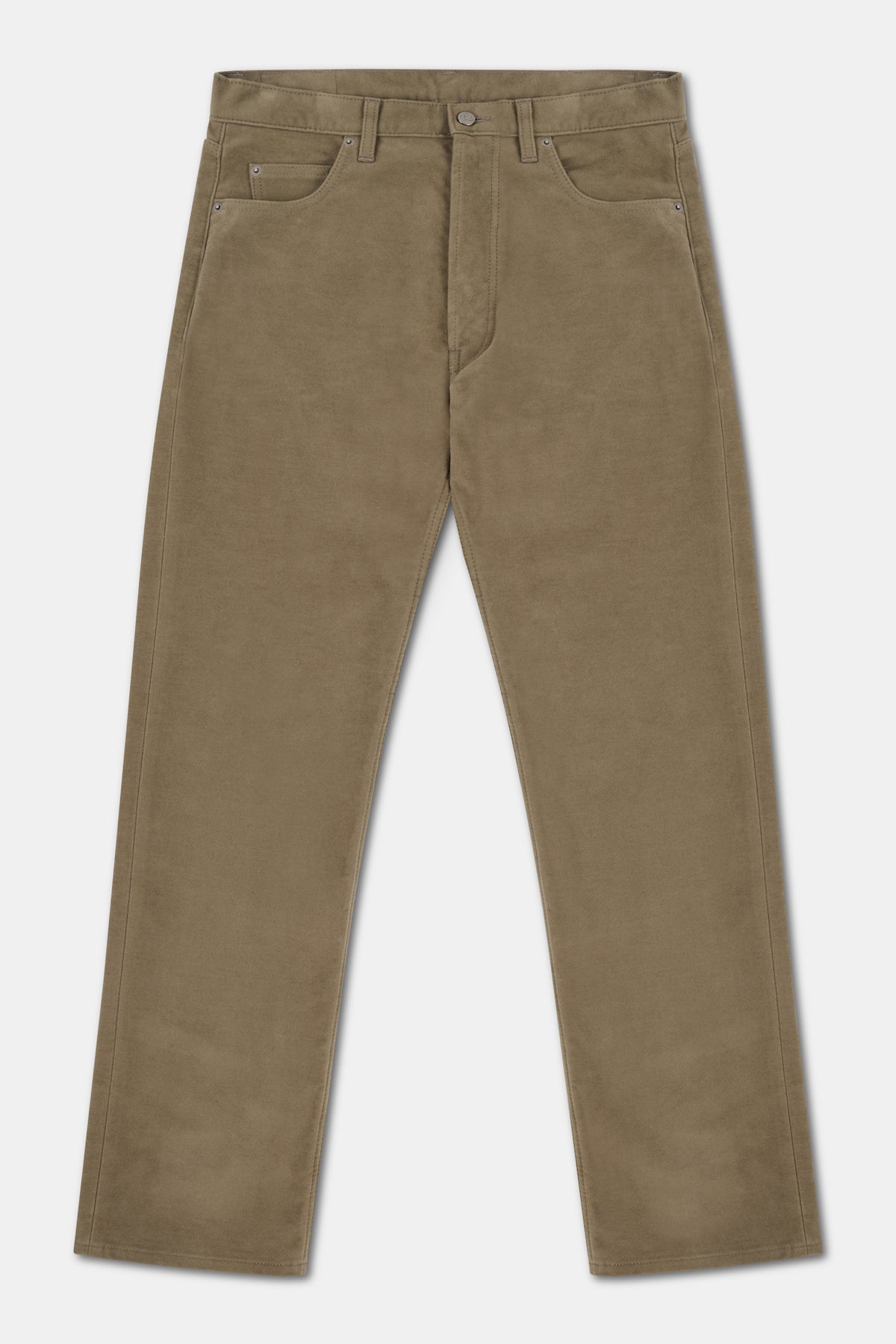 Olive moleskin jeans on white background.