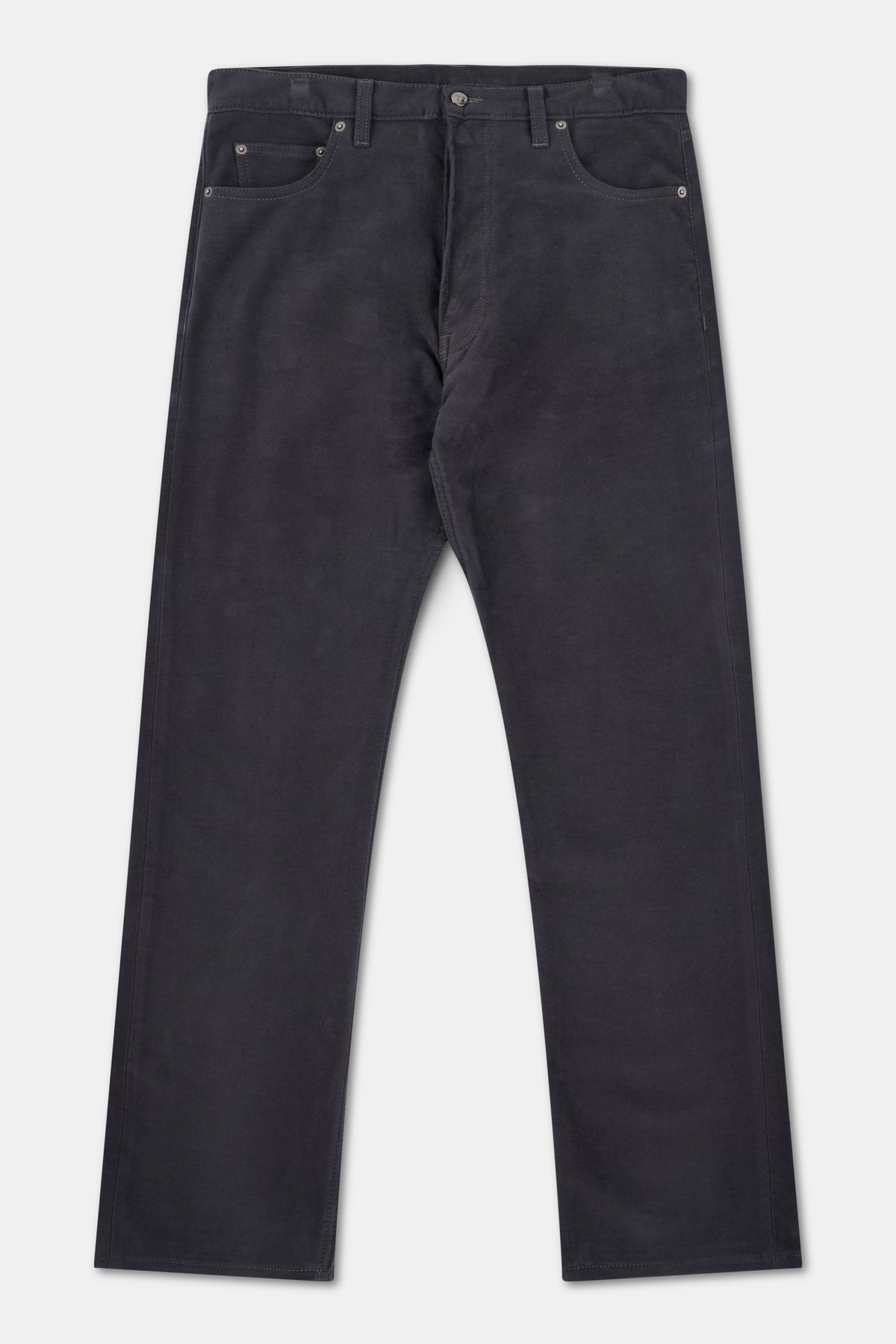 Slate grey moleskin jeans on a white background