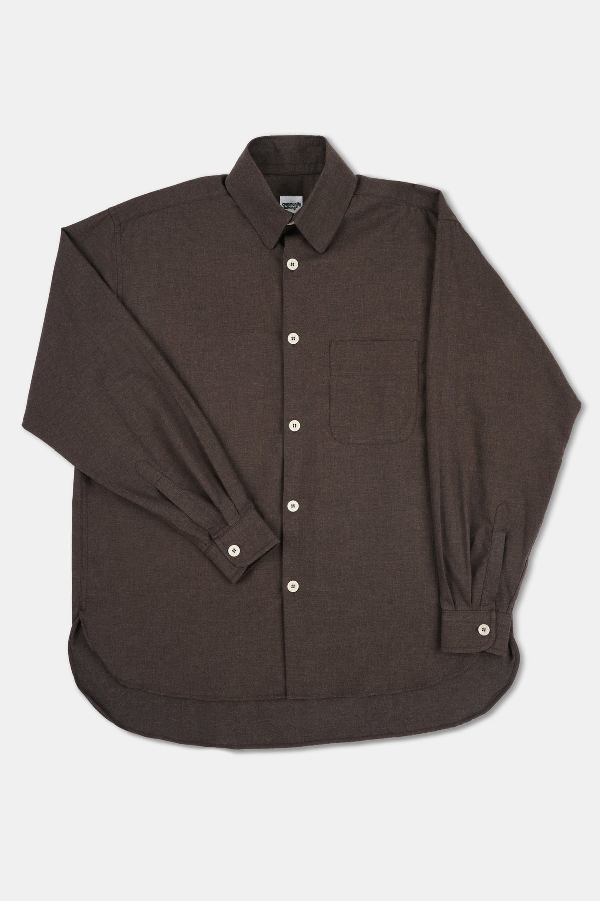 Brown button-up shirt with a collar on a white background