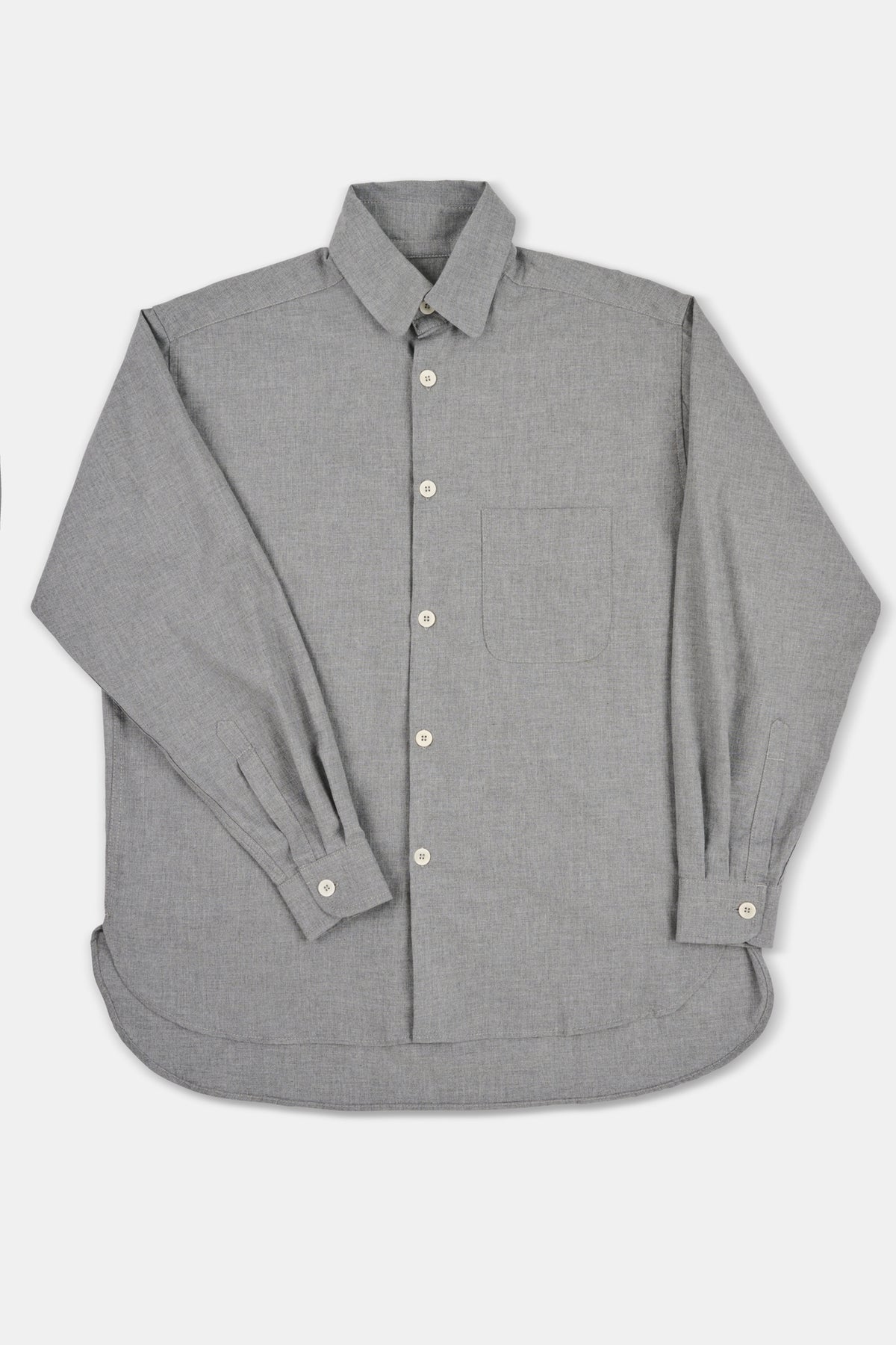 Grey button-up shirt on a white background
