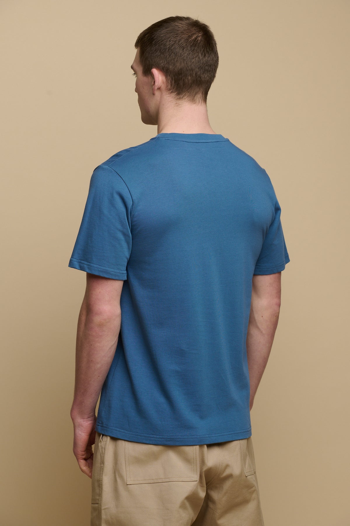 Thigh up image of the back male wearing short sleeve t shirt in RAF blue