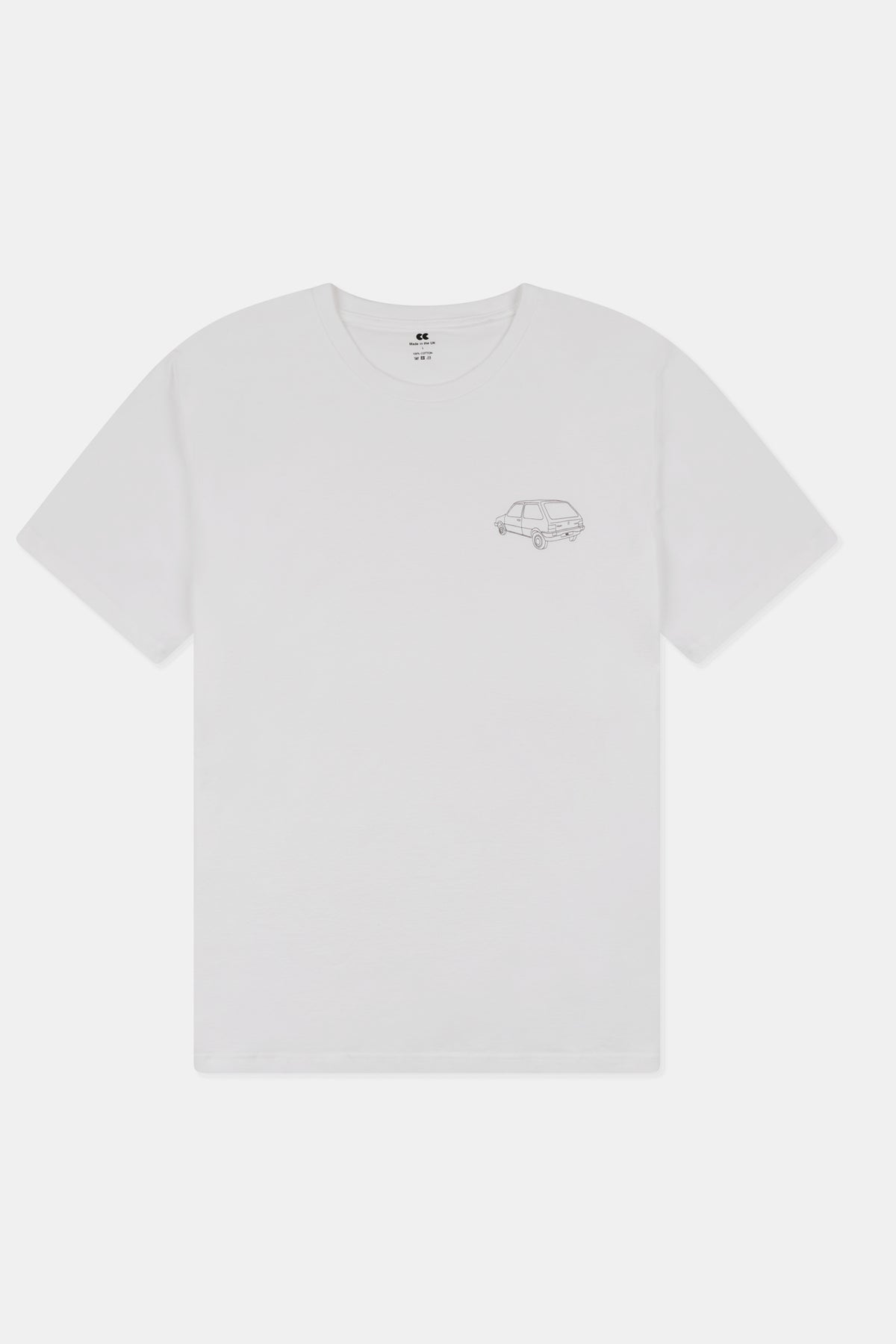 White t-shirt with a small logo on a white background