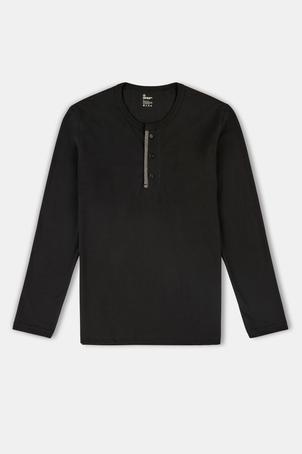 Black long-sleeve henley shirt on a light gray background