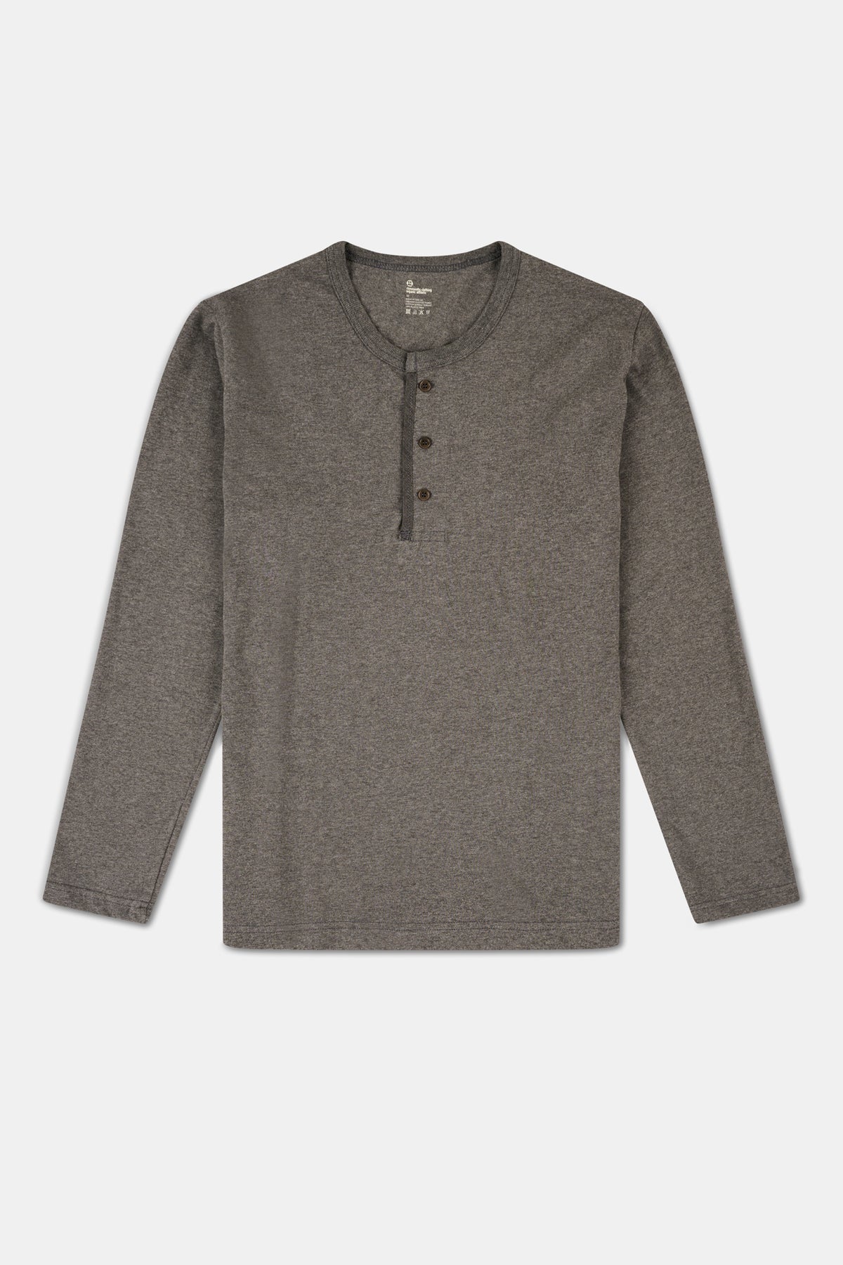 Grey long-sleeve henley shirt on a white background