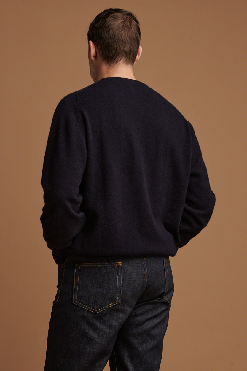 Men's Lambswool Saddle Shoulder Crew Neck - Navy