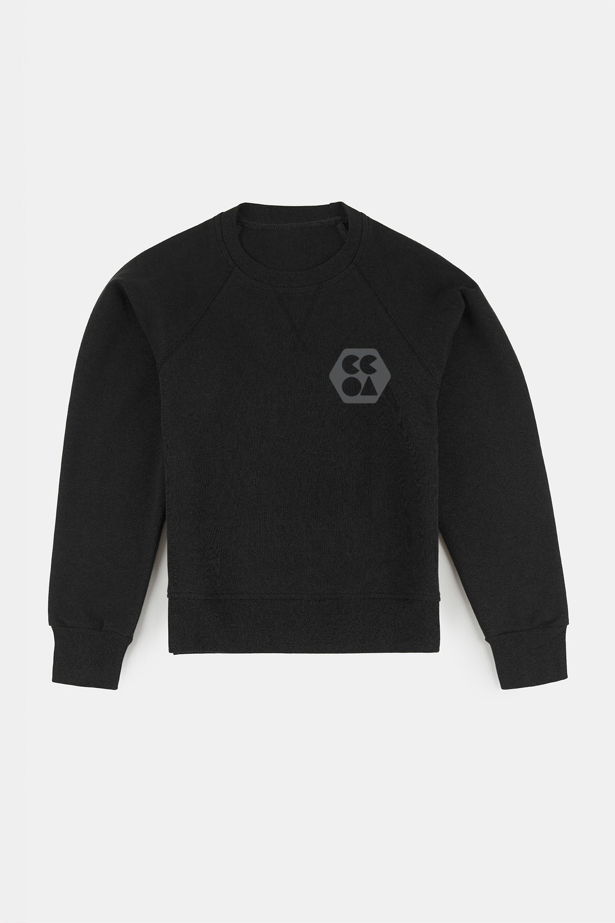 Flatlay product shot of men's plastic free raglan sweatshirt in black with CCOA logo on the chest