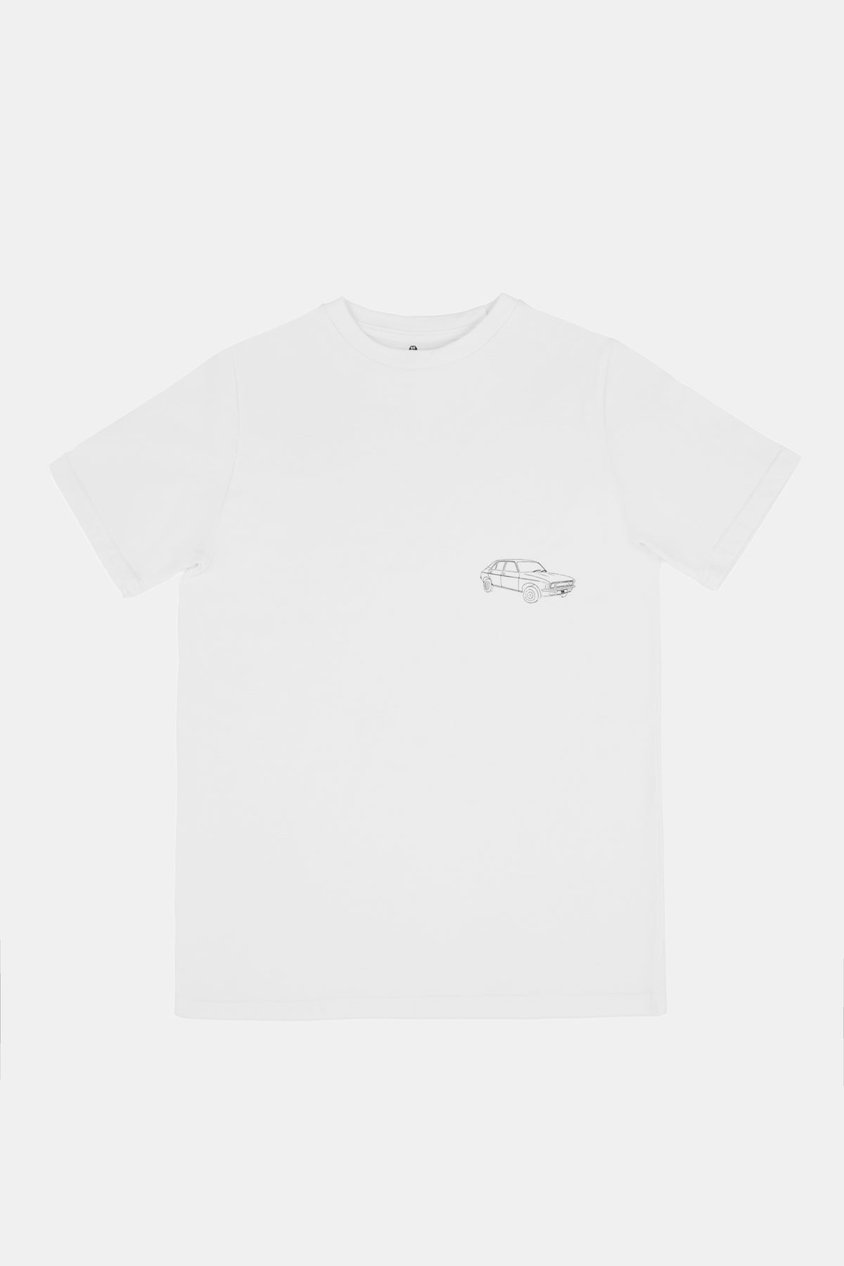 White t-shirt with a small black car graphic print on a white background.