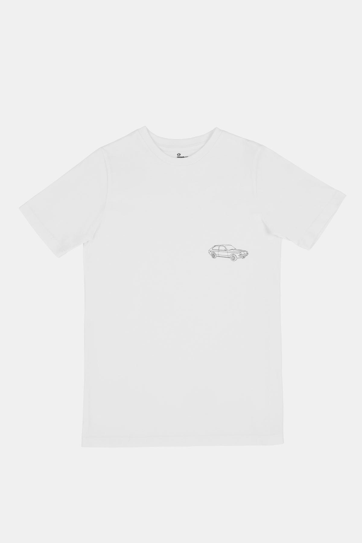 White t-shirt with a small black graphic print on a white background.