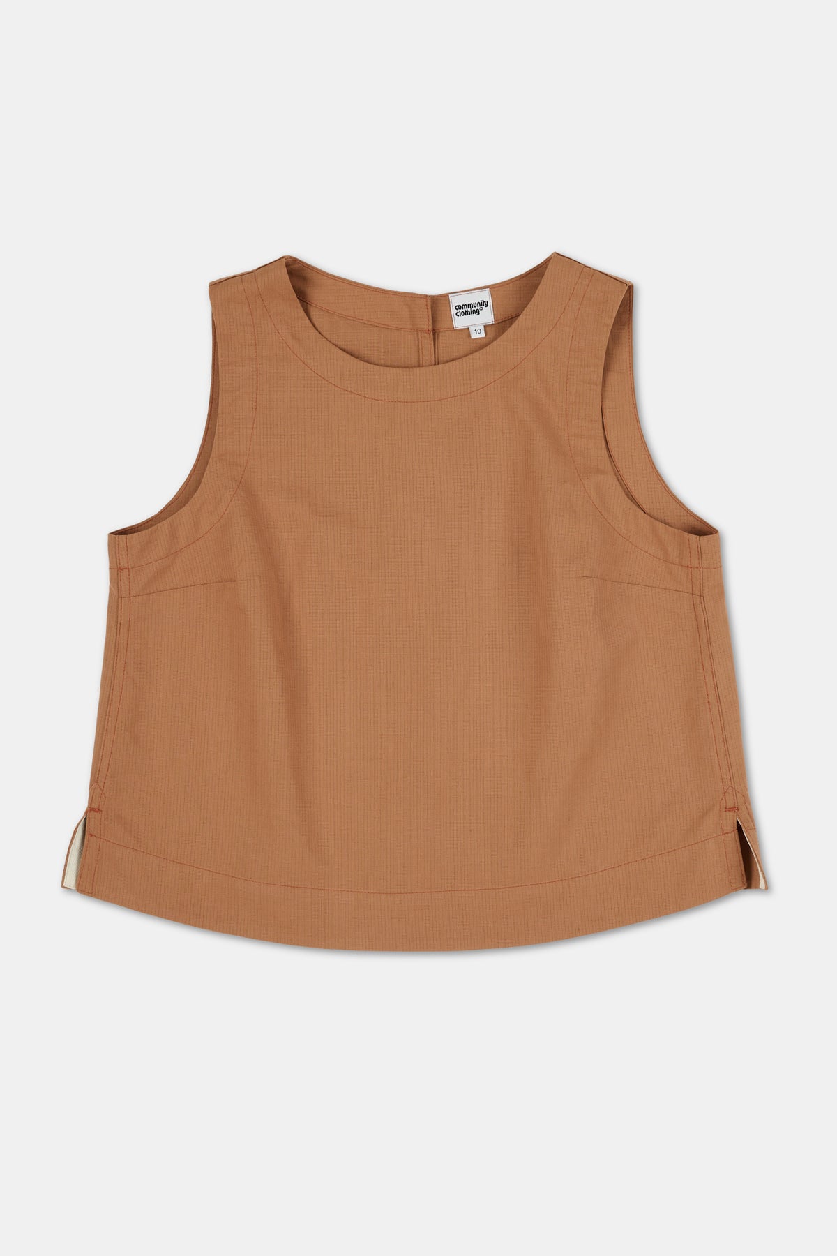 Cinnamon sleeveless top on a white background.
