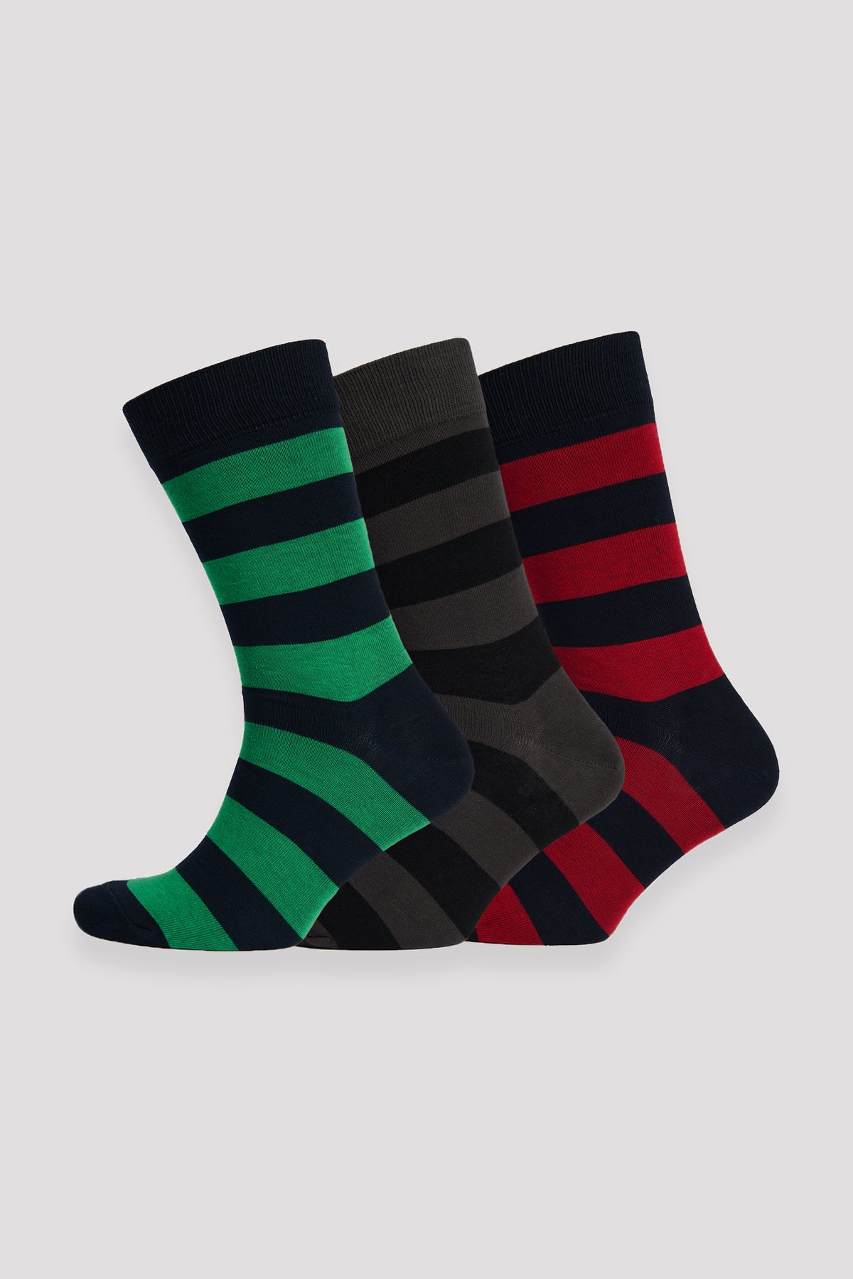 Everyday wide stripe sock 3 pack. Green and navy stripe, grey and black stripe and red and navy stripe.