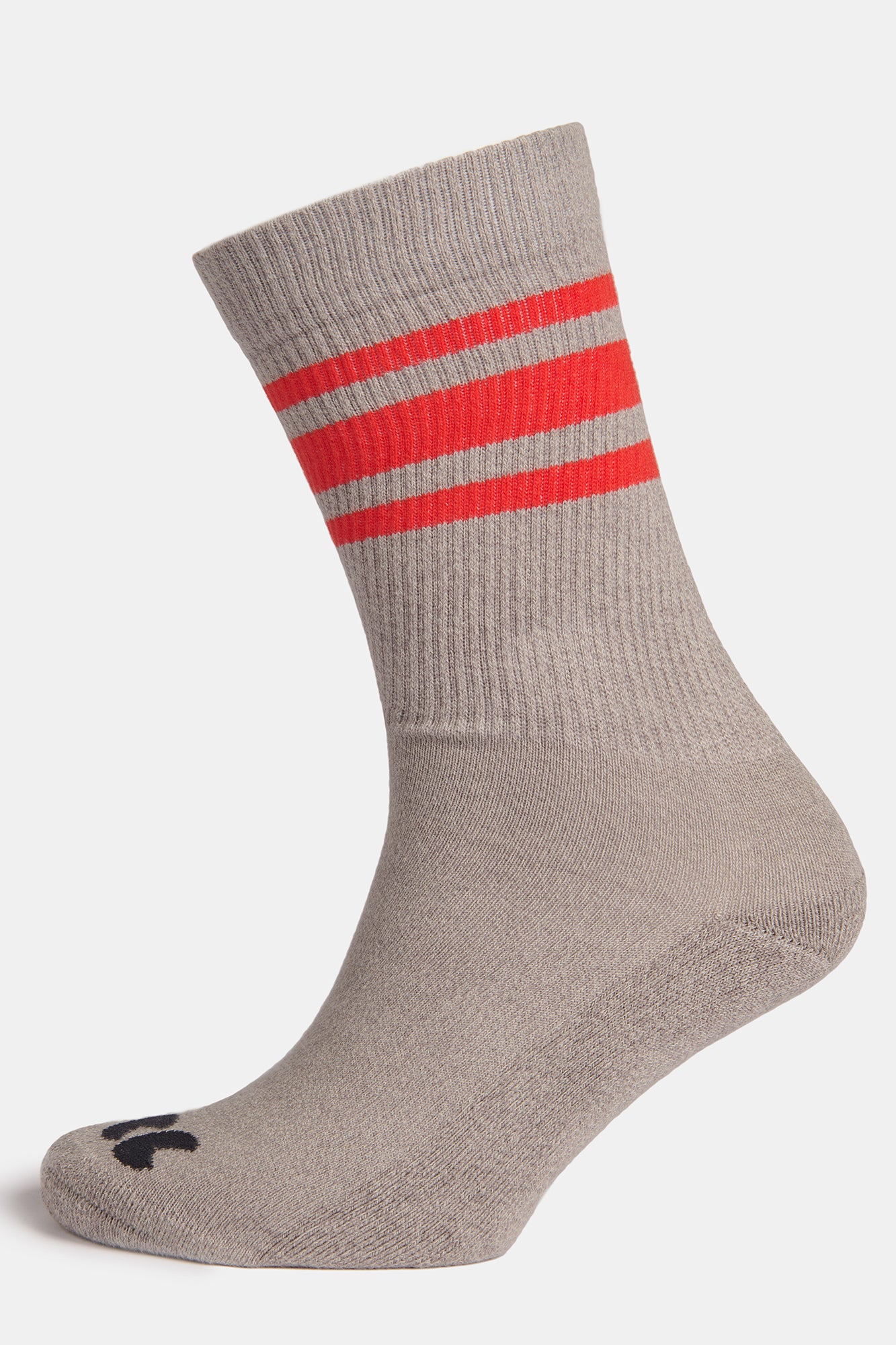 Model wearing sports cotton sock 3 pack in grey and red stripe with CC logo on toe