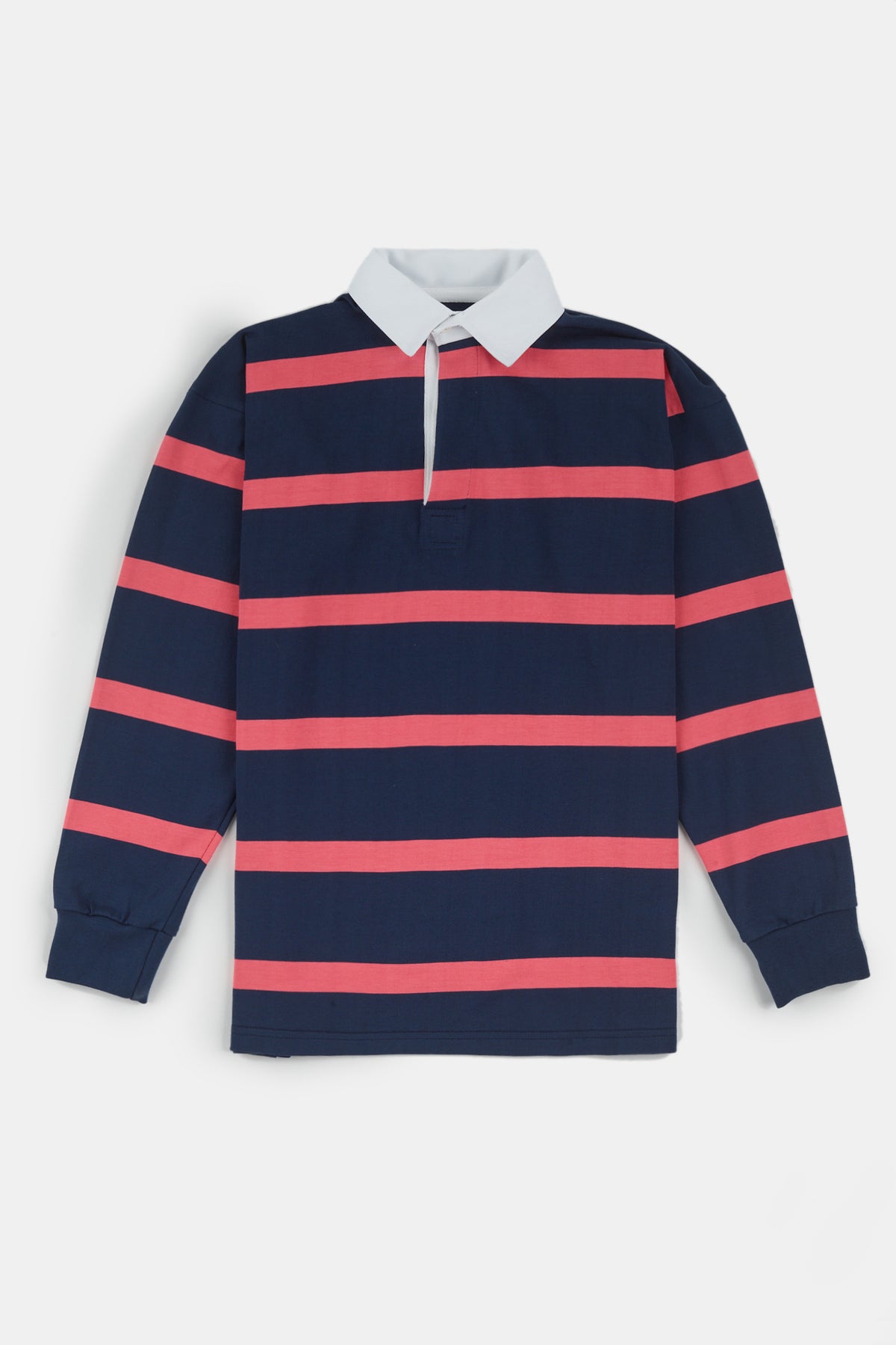 Flatlay product shot image of unisex stripe rugby shirt in navy pink 