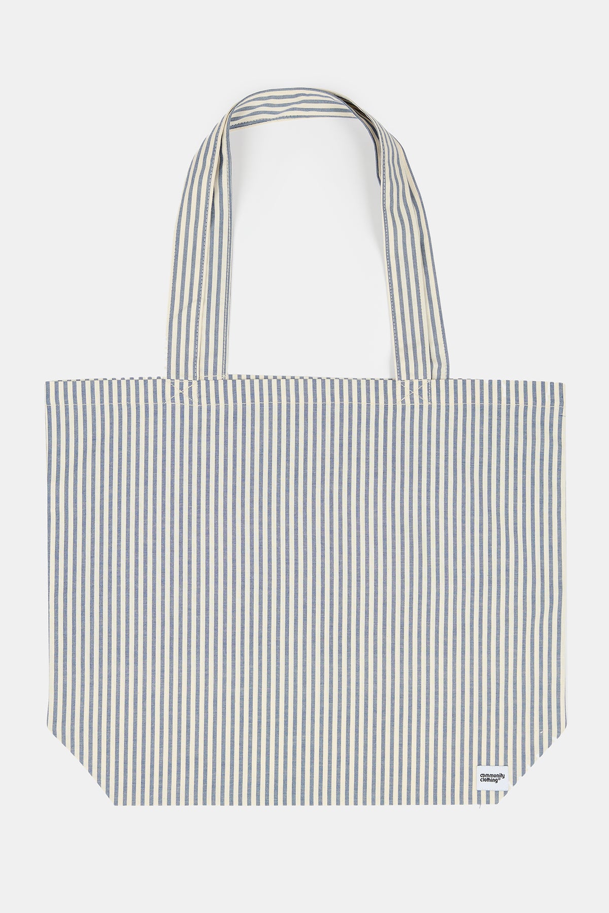 Flatlay product image of unisex stripe tote bag in navy and wide
