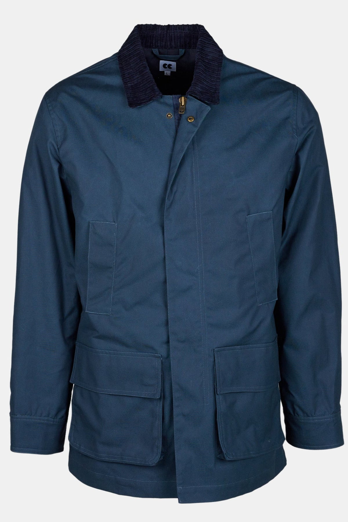Ghost mannequin product shot of men's barn jacket in navy, with four front pockets and zip and button fastenings.