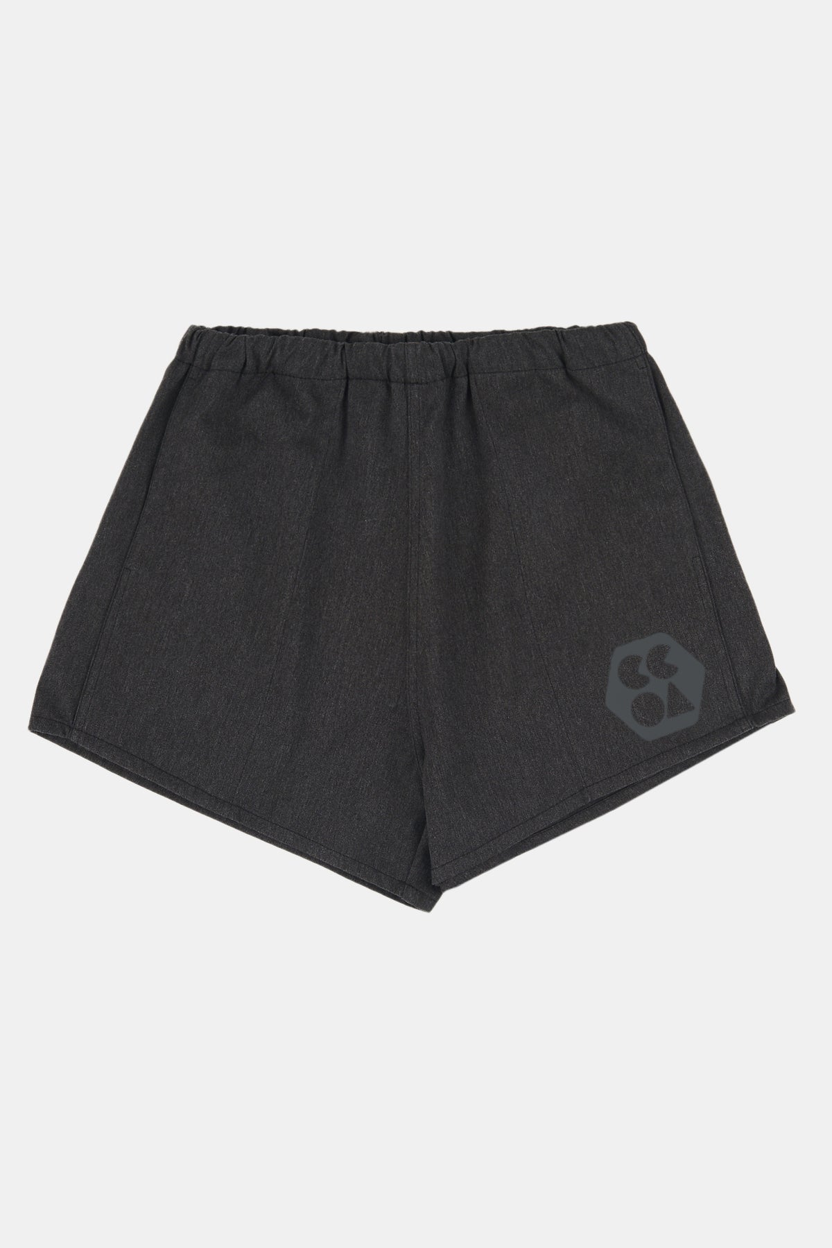 Flatlay product shot of women's heavyweight sports short plastic free in charcoal marl with black CCOA logo