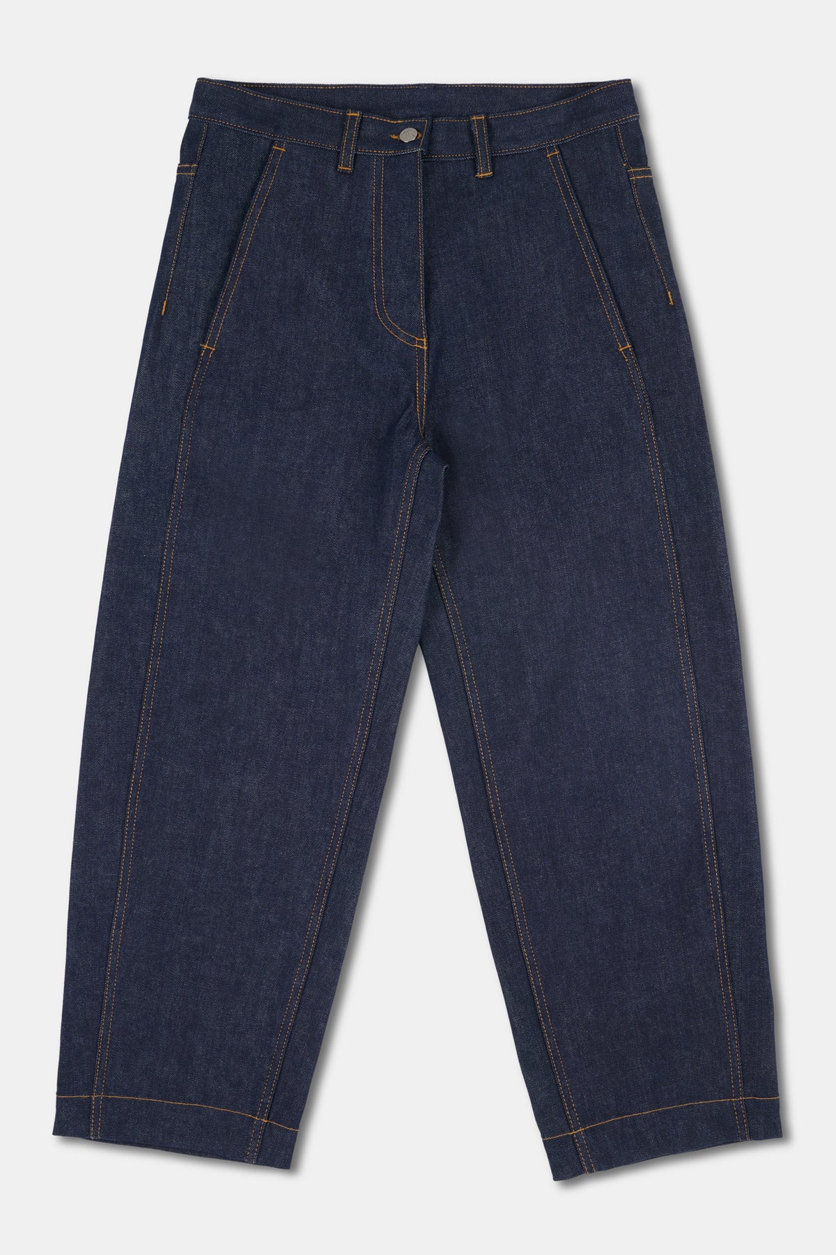 Pair of dark blue jeans on a light gray background