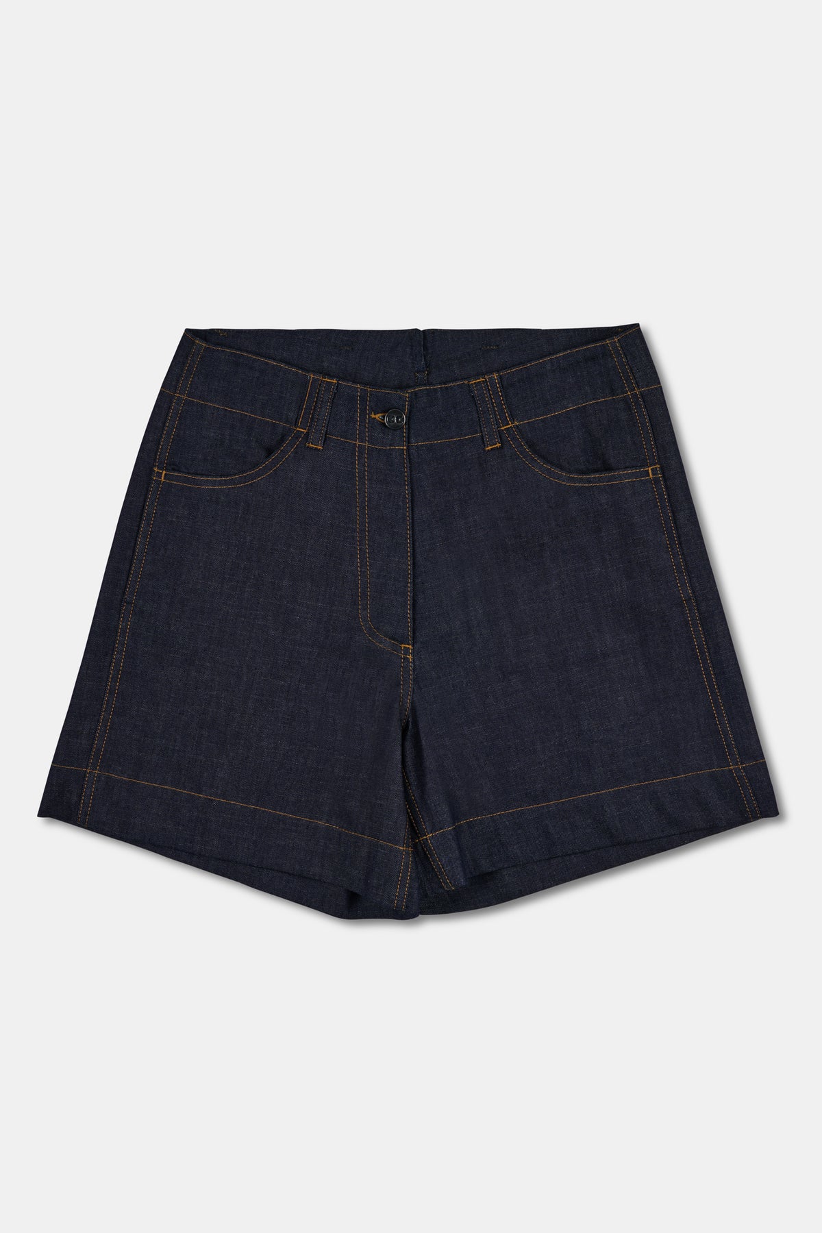 Dark blue denim shorts on a white background