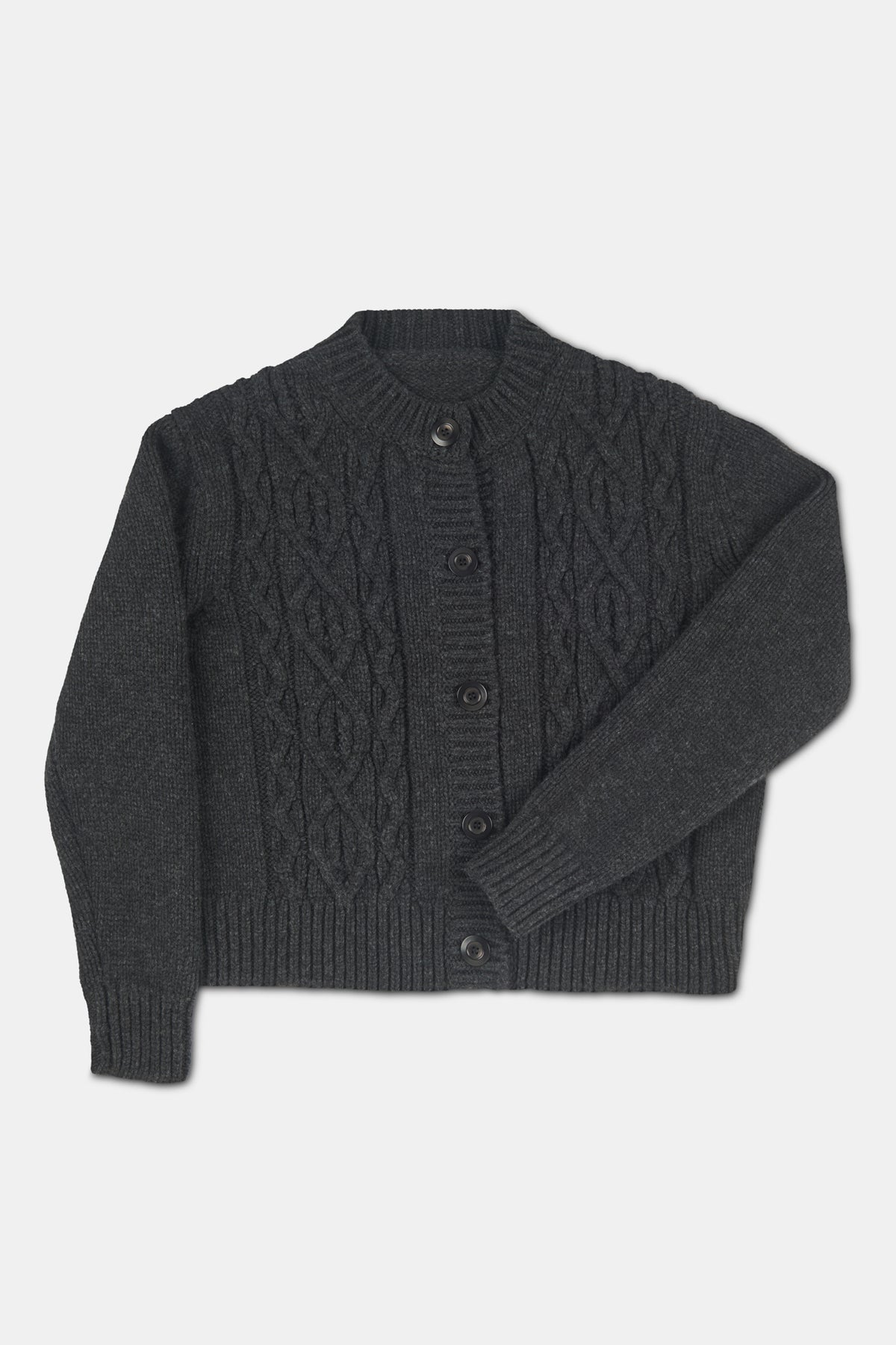 Dark gray cable knit cardigan on a light gray background