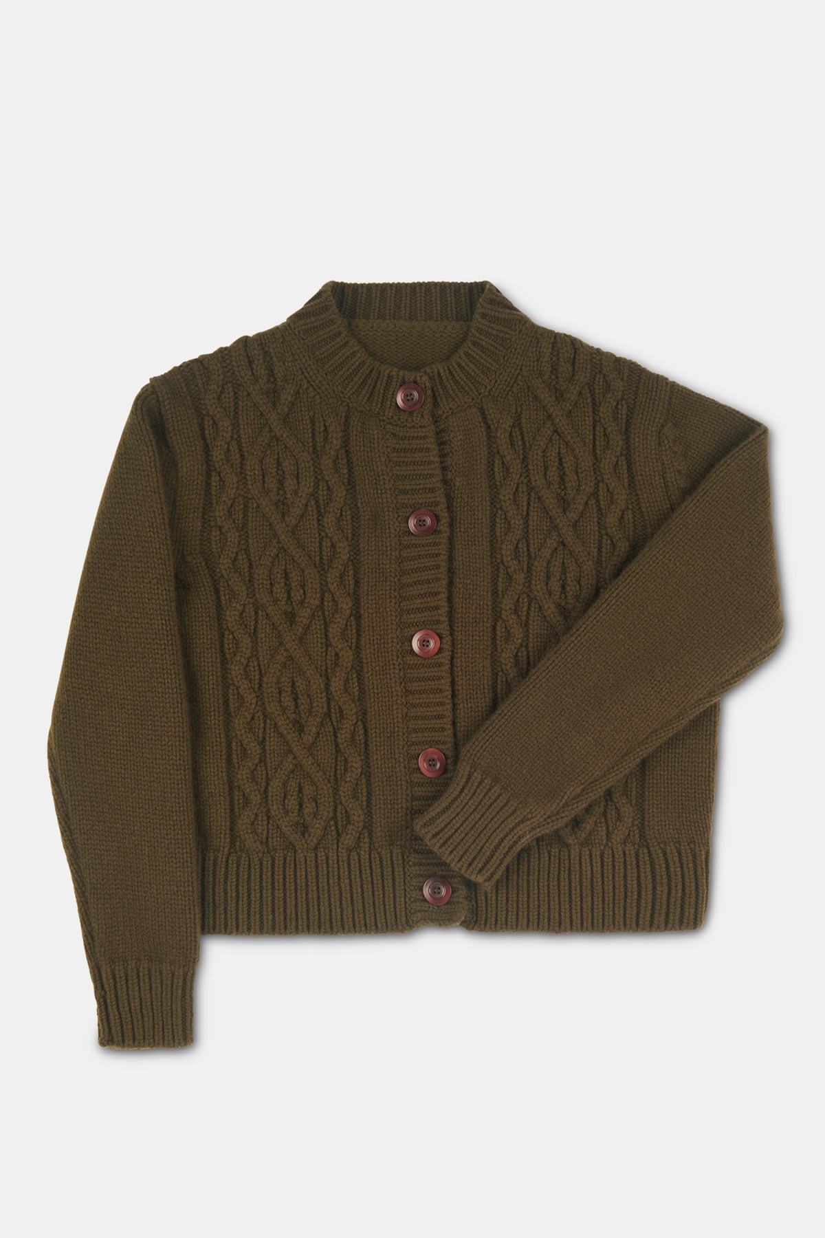 Olive cable knit cardigan with brown buttons.