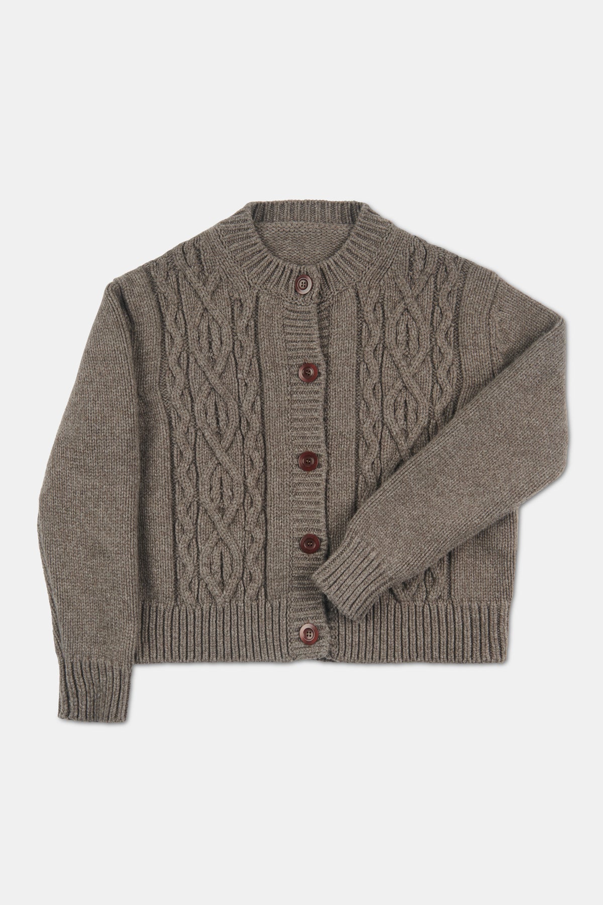 Truffle coloured cable knit cardigan against white background.