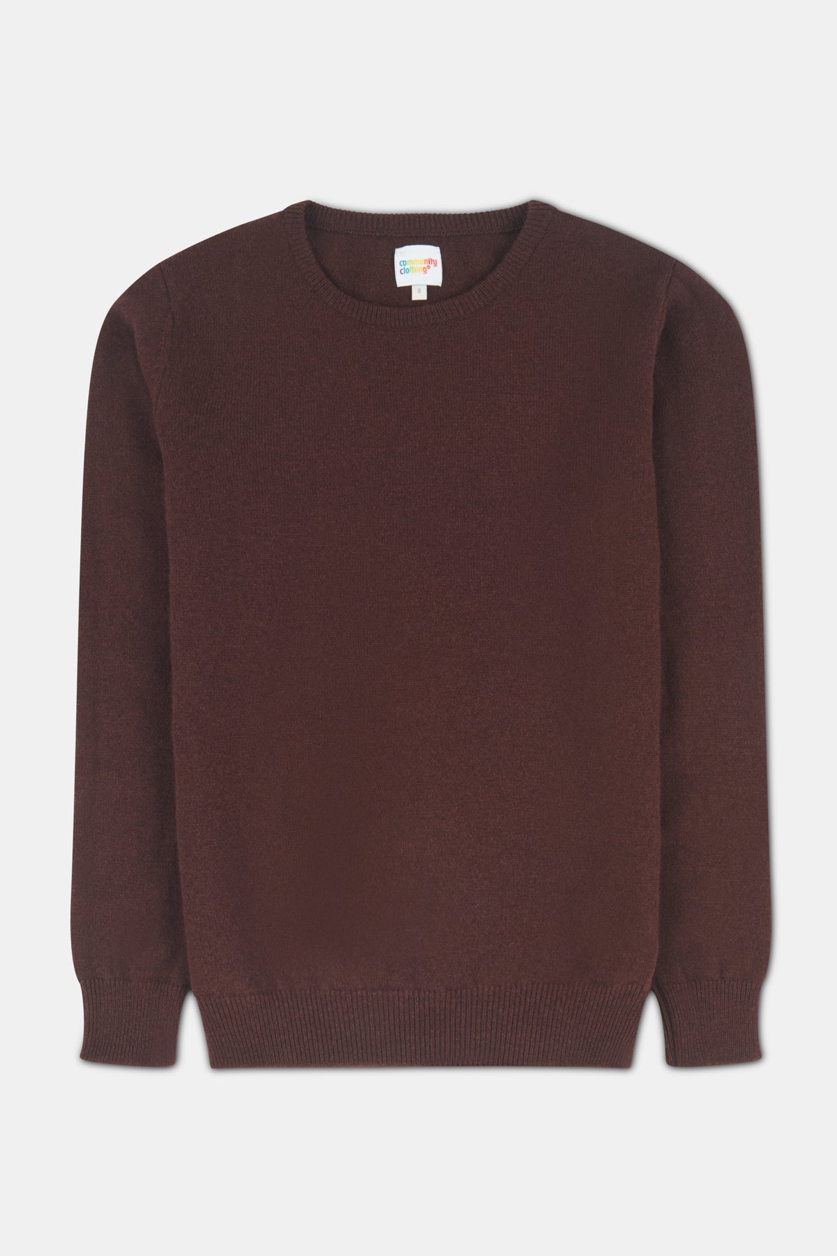 lambswool crew neck jumper in chocolate on white background.