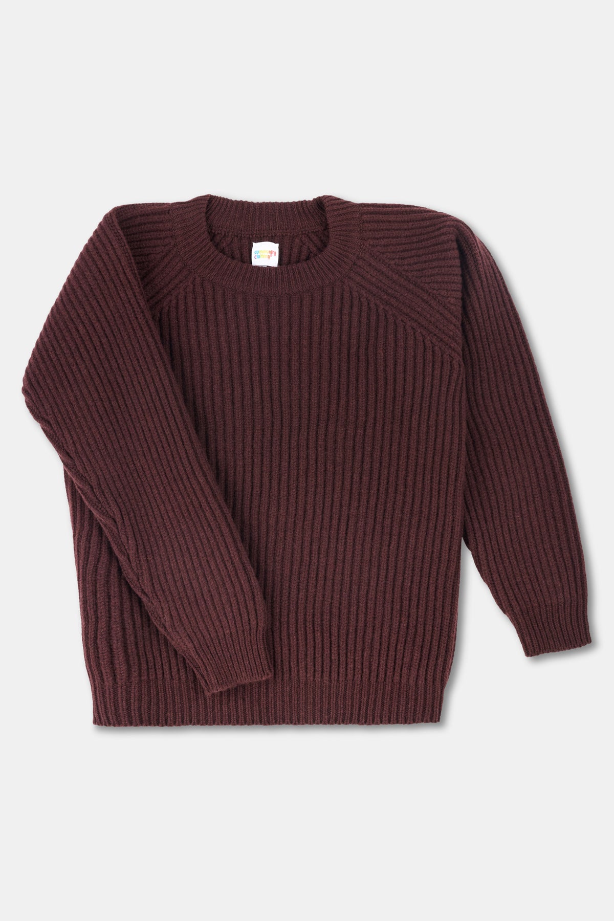 Ribbed jumper in chocolate on white background.