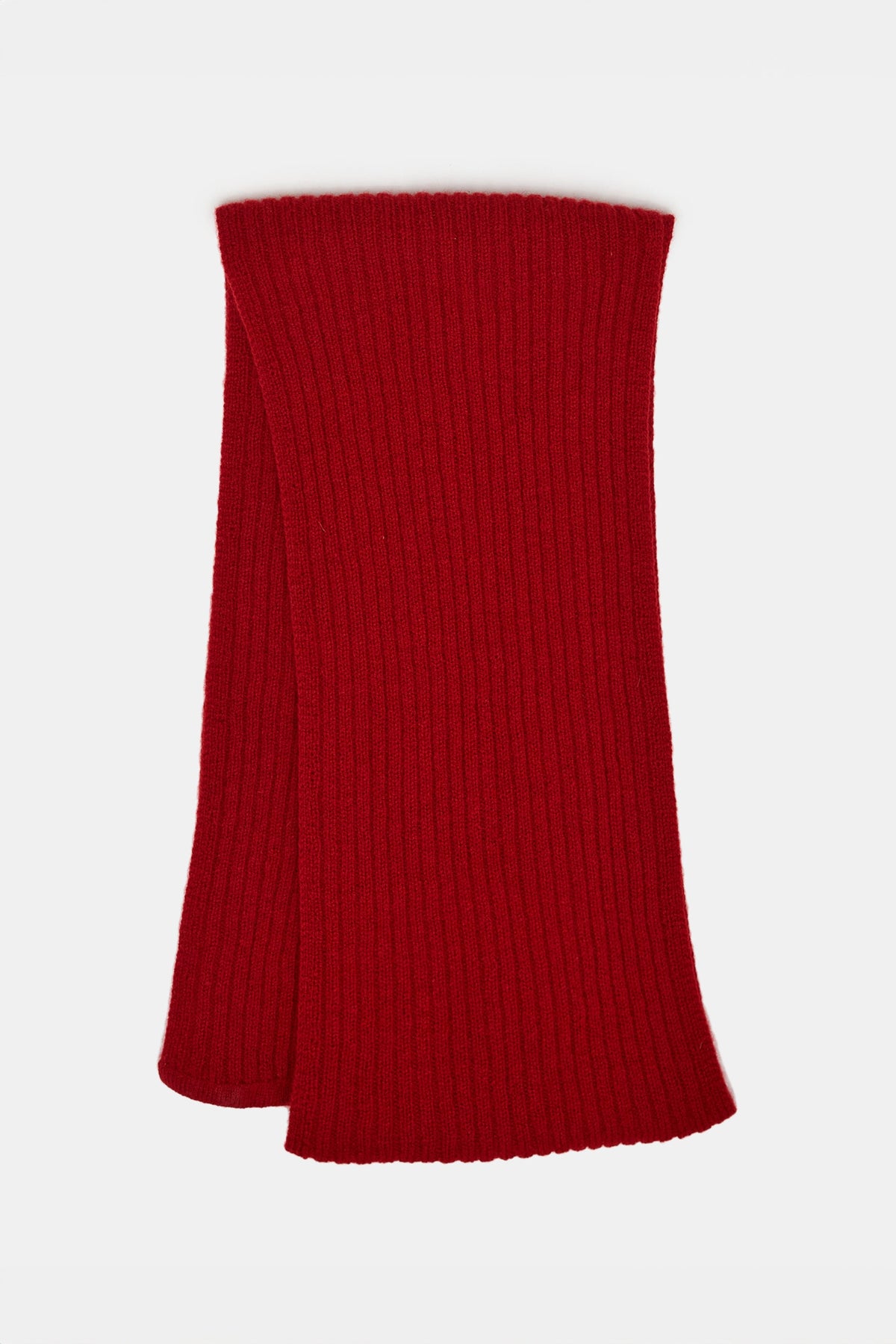A red lambswool scarf displayed on a neutral background.
